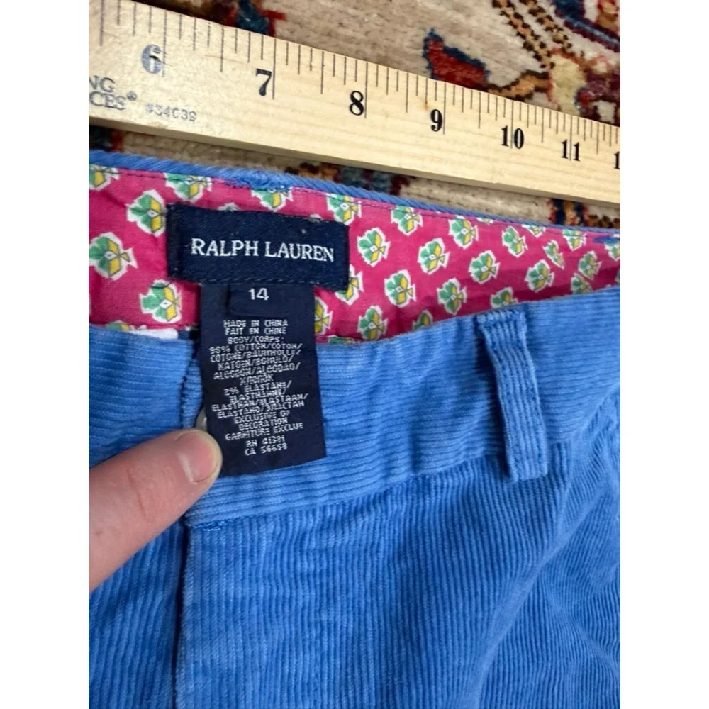 Ralph Lauren Girls Blue Corduroy Pants Size 14 Floral Waistband Classic Preppy